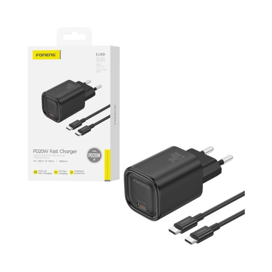 Carregador Foneng EU69 Tipo-C PD20W com Tipo-c para Tipo-C 1m Preto